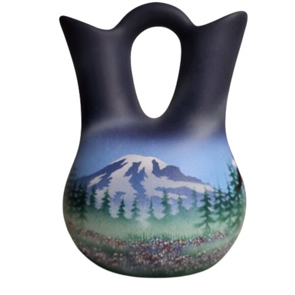 Navajo Cedar Mesa Wedding Vase Dark Blue Elk Eagle Mountain Signed Benally Dine - Picture 3 of 6